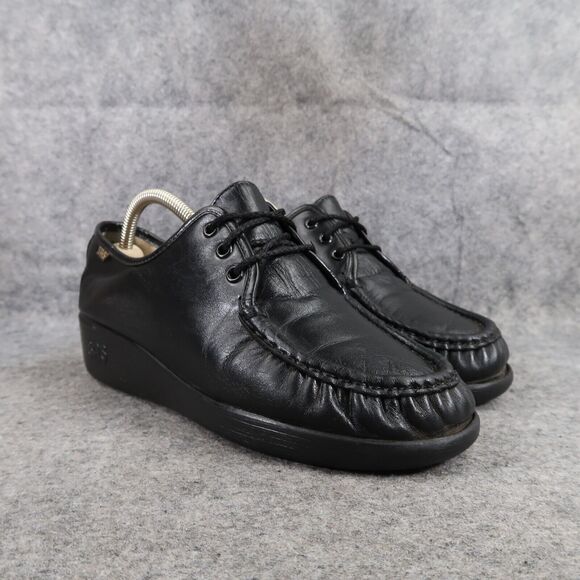 Sas Shoes Womens 9 Bounce Lace Up Moc Comfort Classic Leather Black Career Wedge - Picture 1 of 15